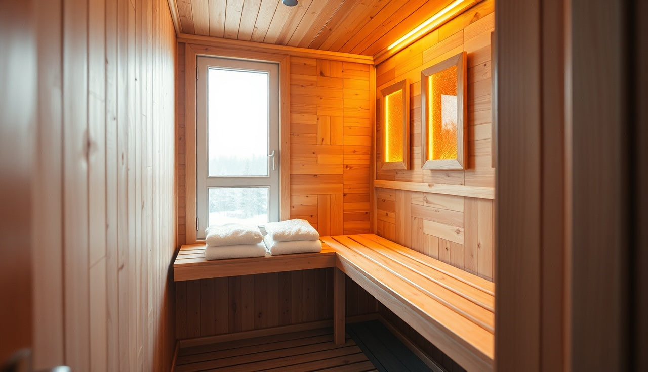 Warm amber infrared sauna interior with wood benches and wall heating panels