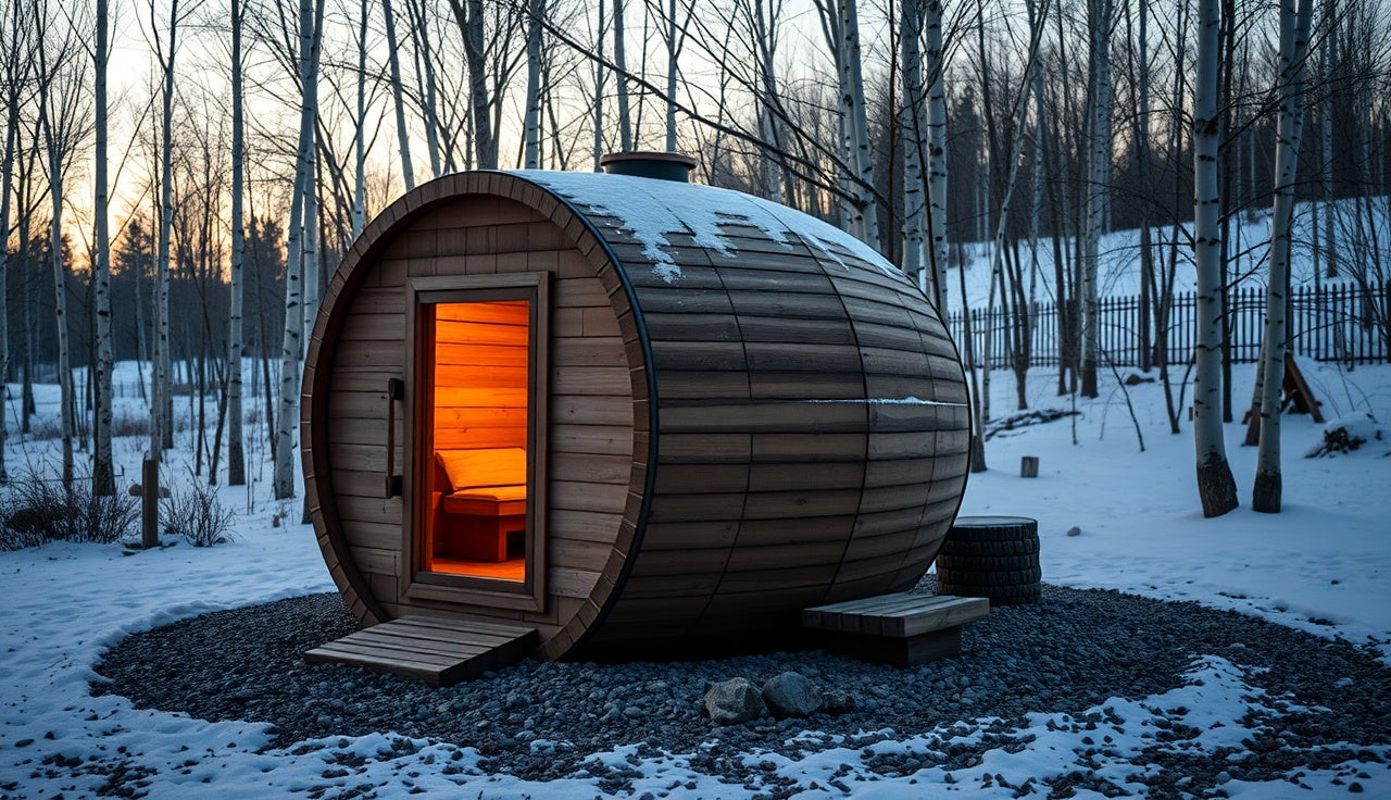 Thermory barrel sauna on gravel pad in snowy backyard at dusk with amber interior light