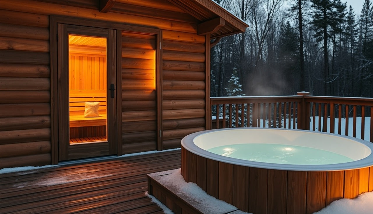 Cedar sauna and cold plunge tub side by side on a wooden deck at dusk