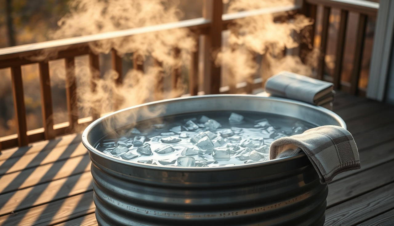 Galvanized stock tank cold plunge filled with water and ice on an outdoor deck