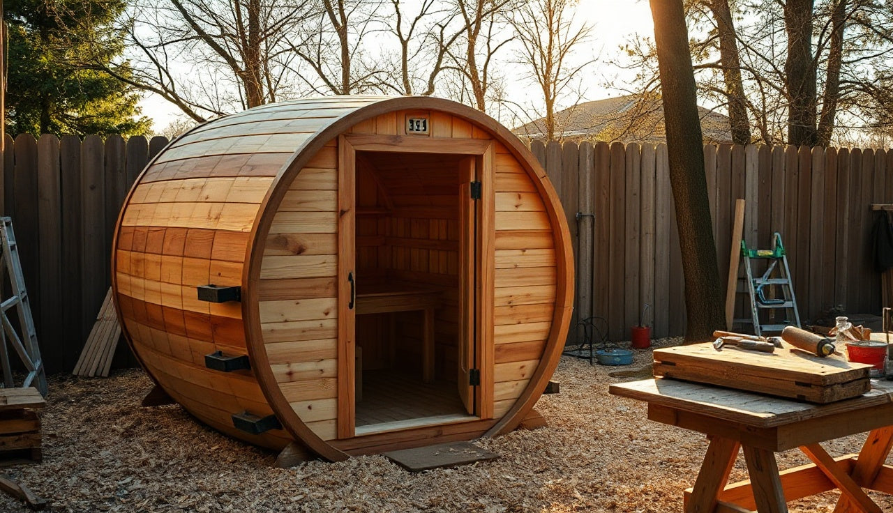 Freshly built cedar barrel sauna in a backyard with woodworking tools nearby