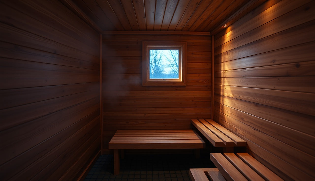 Wood-paneled home sauna interior with steam rising in warm light