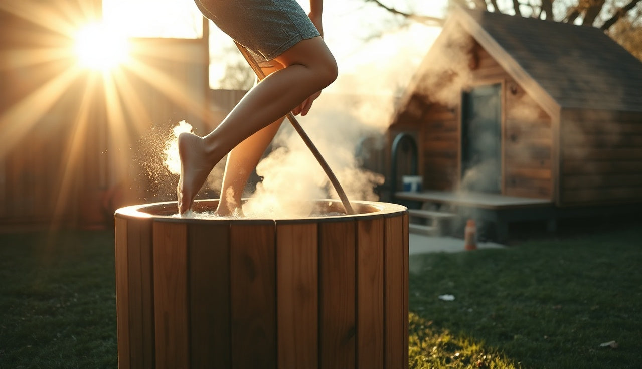 Person exiting cold plunge barrel during outdoor contrast therapy session at sunrise