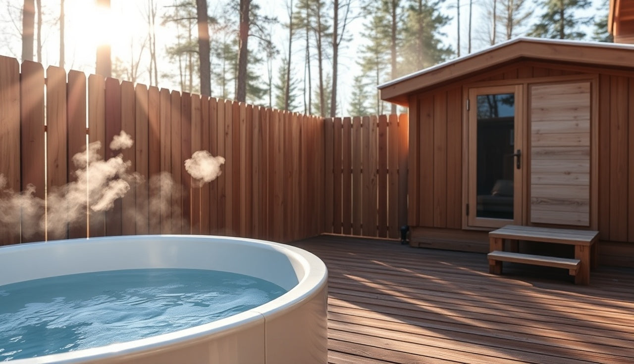 White acrylic cold plunge tub on a cedar deck beside a backyard sauna