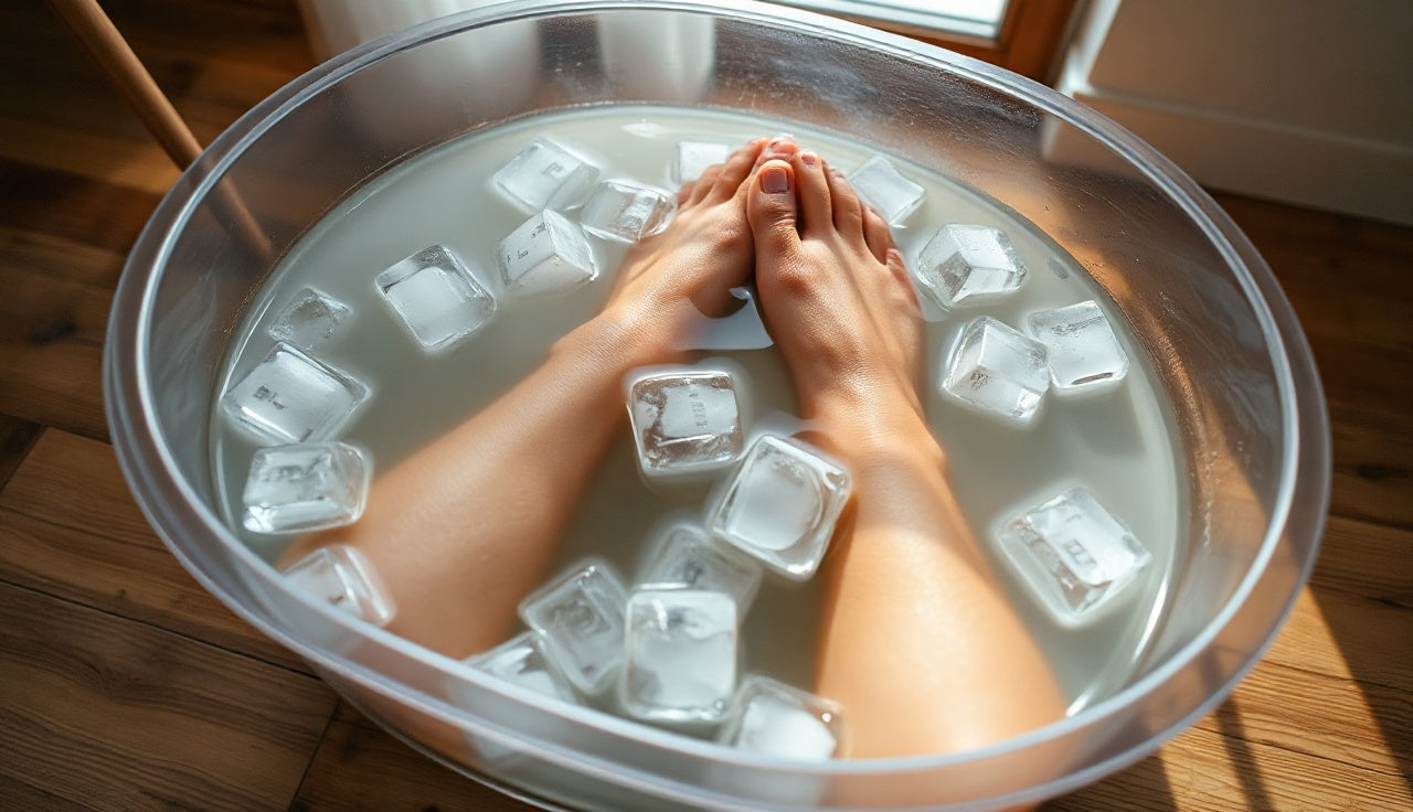 Bare feet soaking in a basin of ice water on a wooden floor