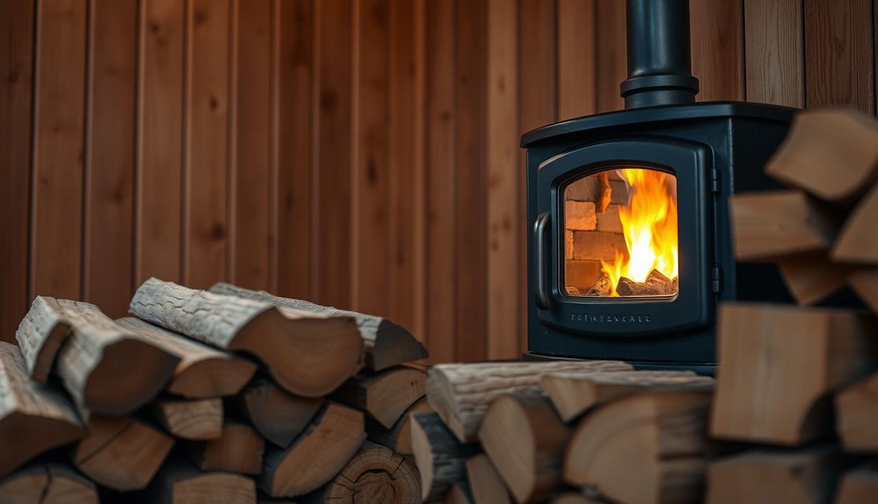 Split firewood stacked next to a glowing wood-burning sauna stove