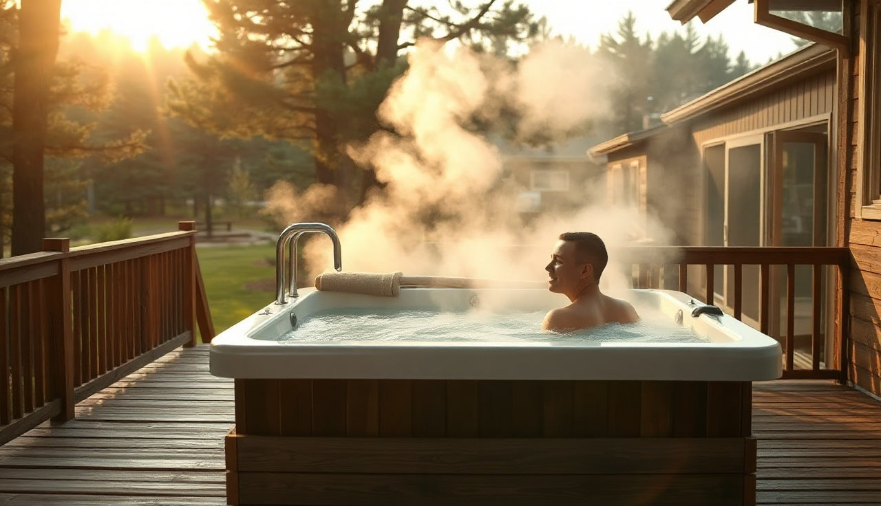Person entering a cold plunge tub on a misty wooden deck outdoors at sunrise