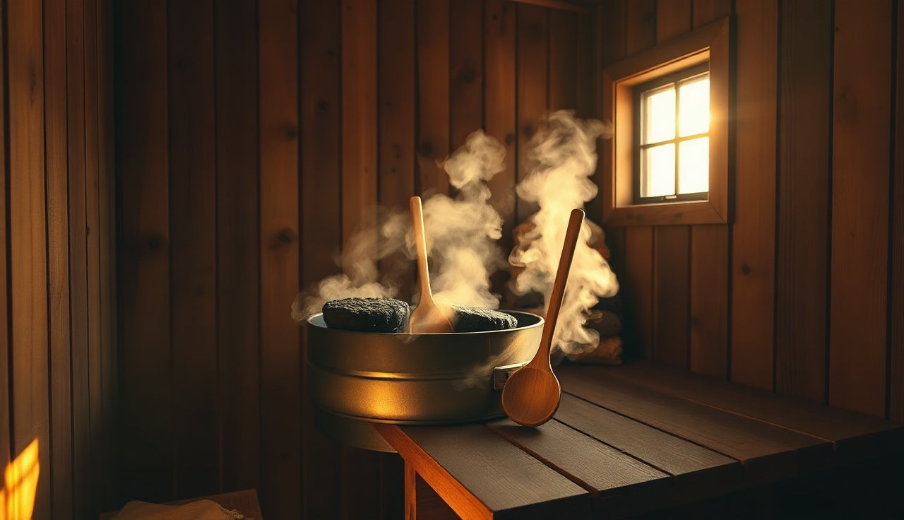 Wooden Finnish sauna interior with steam rising from hot stones