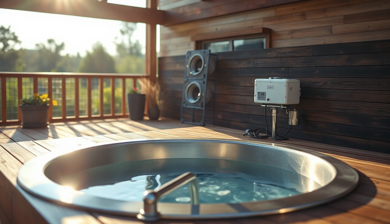 Outdoor cold plunge tub with UV and ozone sanitation units mounted on side plumbing