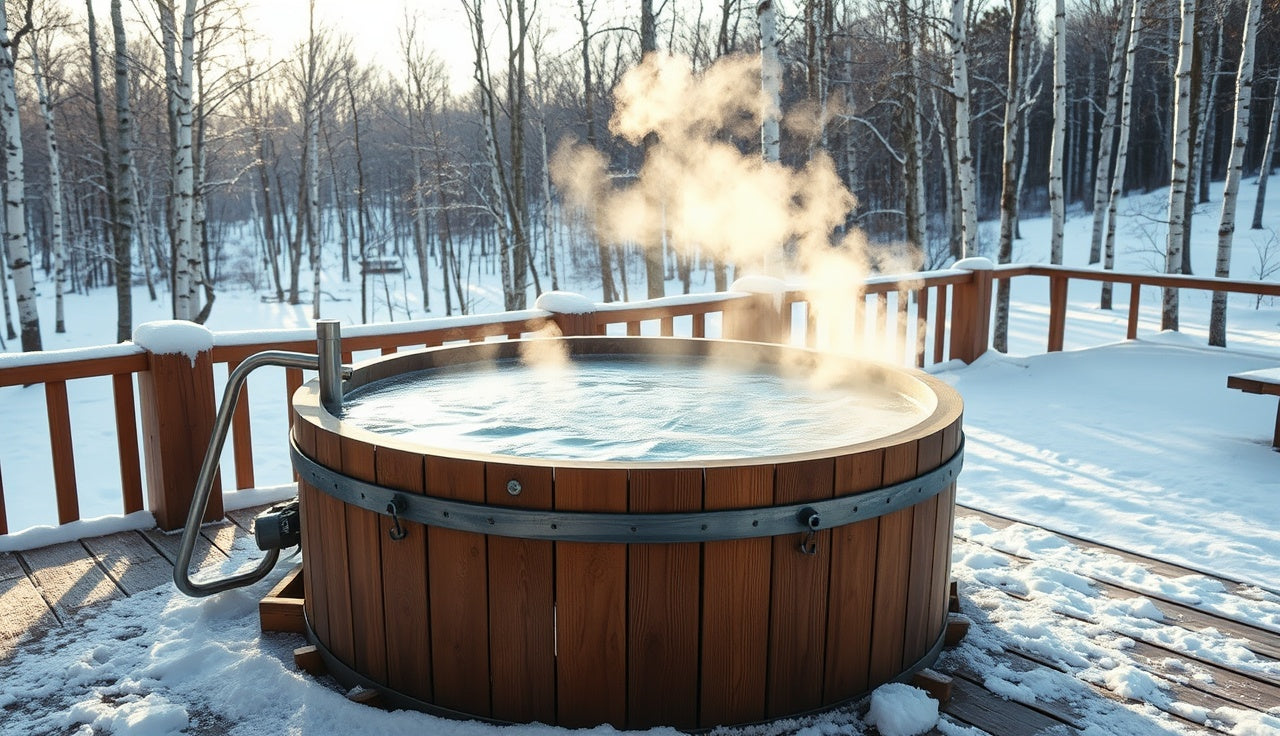Round wooden cold plunge tub on a winter deck with frost-covered trees behind it