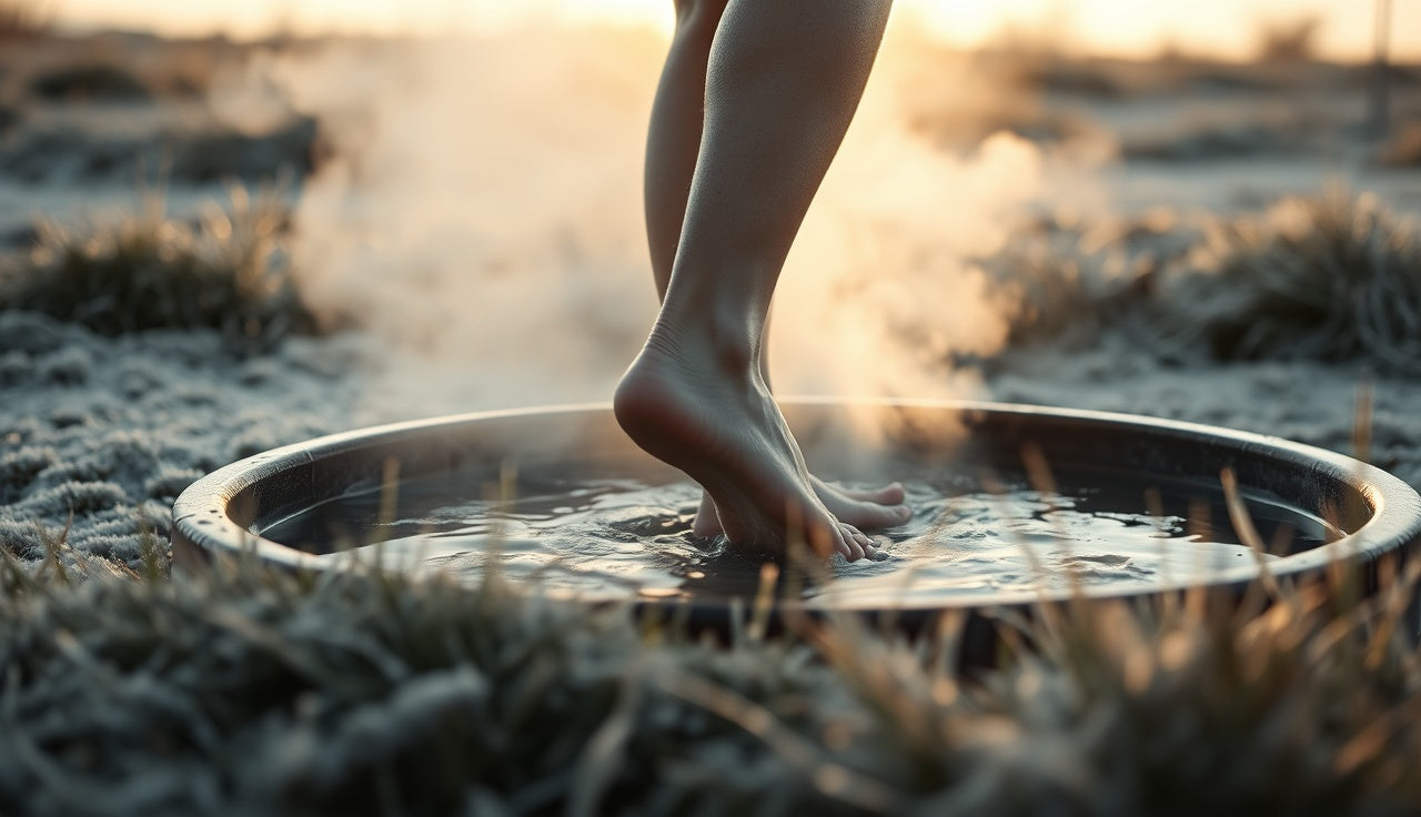 Person stepping into outdoor cold plunge tub at dawn, heart rate spike moment