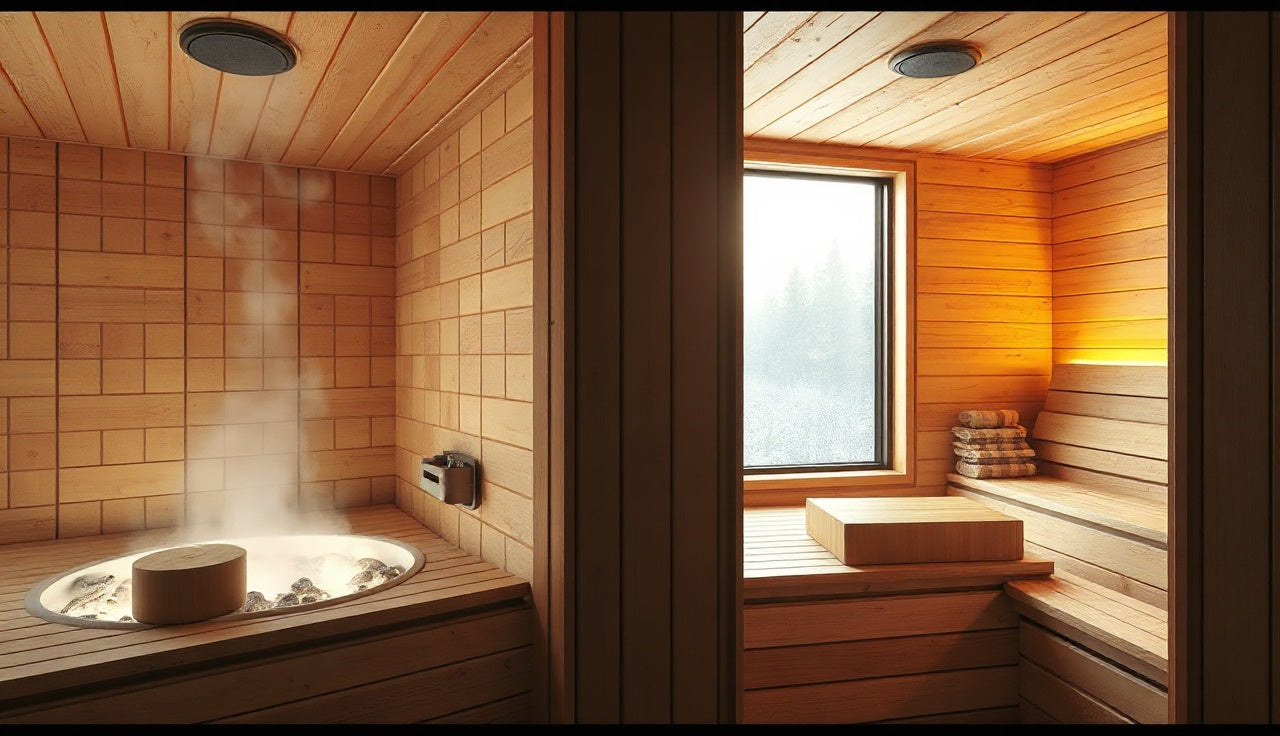 Traditional sauna with hot rocks beside an infrared sauna cabin, warm interior light