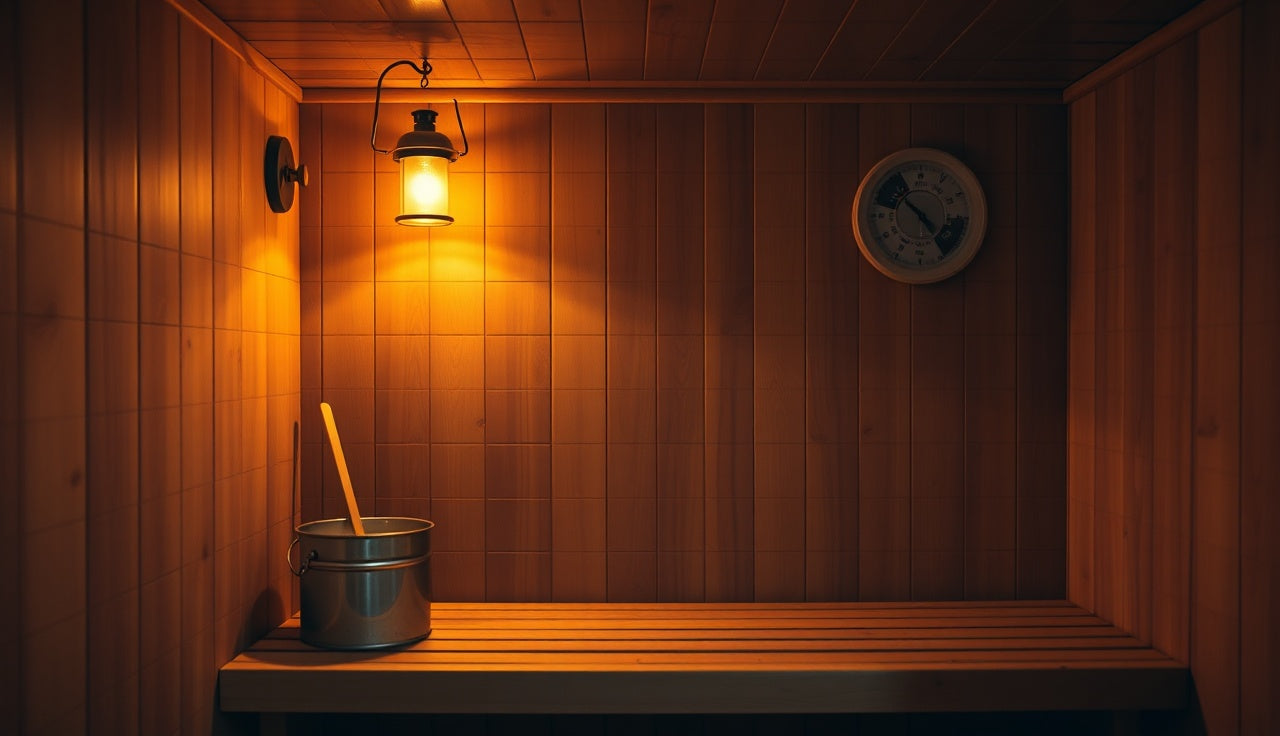 Wooden Finnish sauna interior with hot rocks and thermometer on the wall