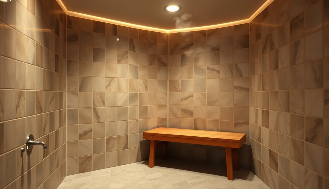 Cedar bench and tiled walls inside a home steam room with rising steam