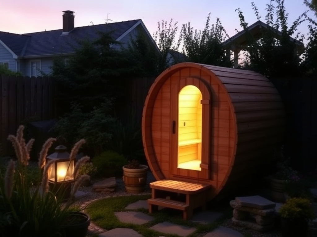 Outdoor sauna in backyard setting
