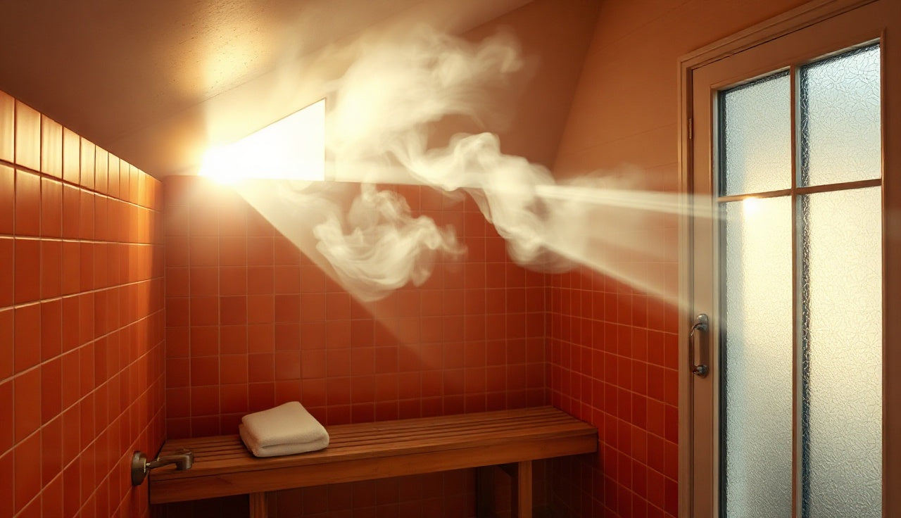 Tiled home steam room interior with steam rising and wooden bench