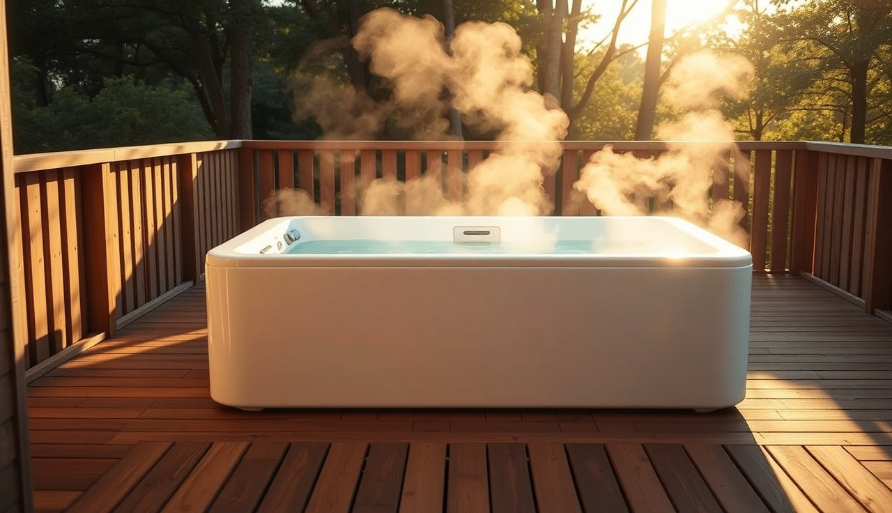 Rectangular acrylic cold plunge tub on a wooden outdoor deck at golden hour