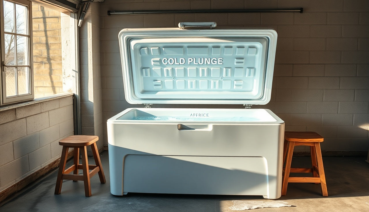 Open chest freezer cold plunge filled with cold water in a home garage