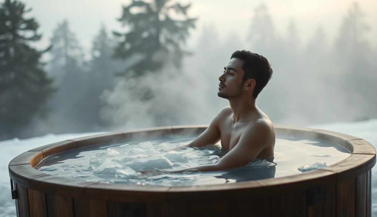 Person sitting in icy cold plunge tub outdoors during foggy morning with pine trees