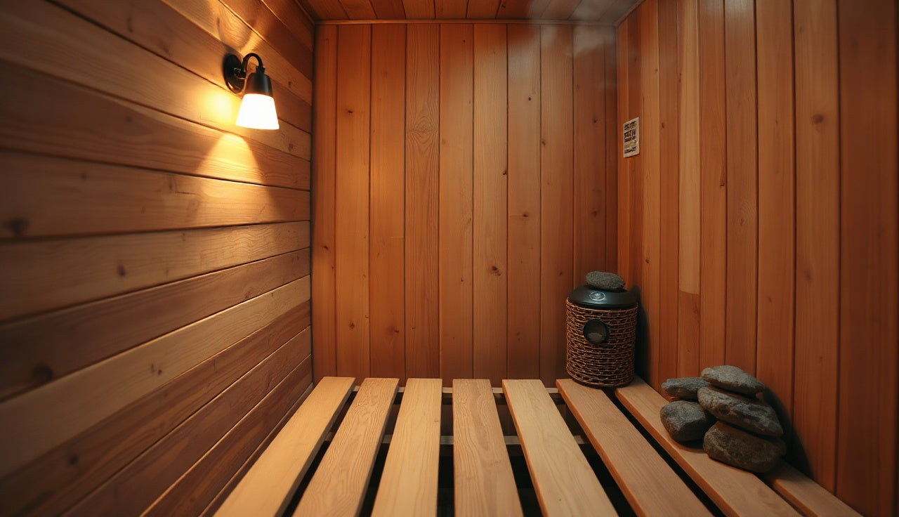 Finished cedar closet sauna interior with bench and electric heater glowing