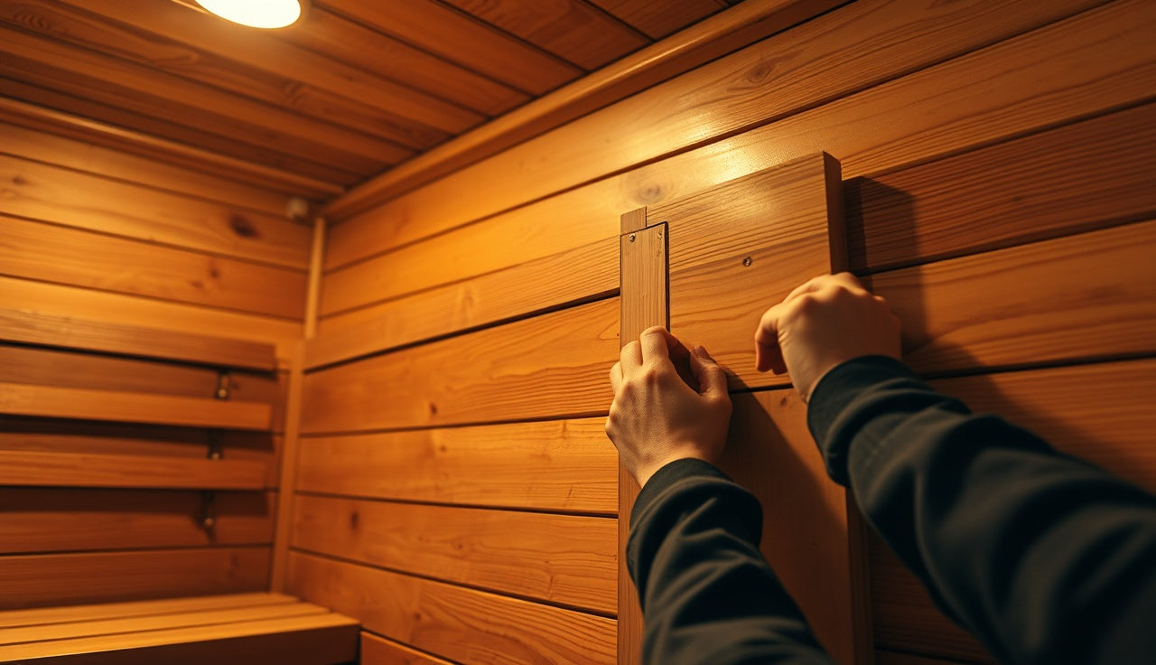 Warped cedar sauna panel being repaired and re-fastened on a wooden wall