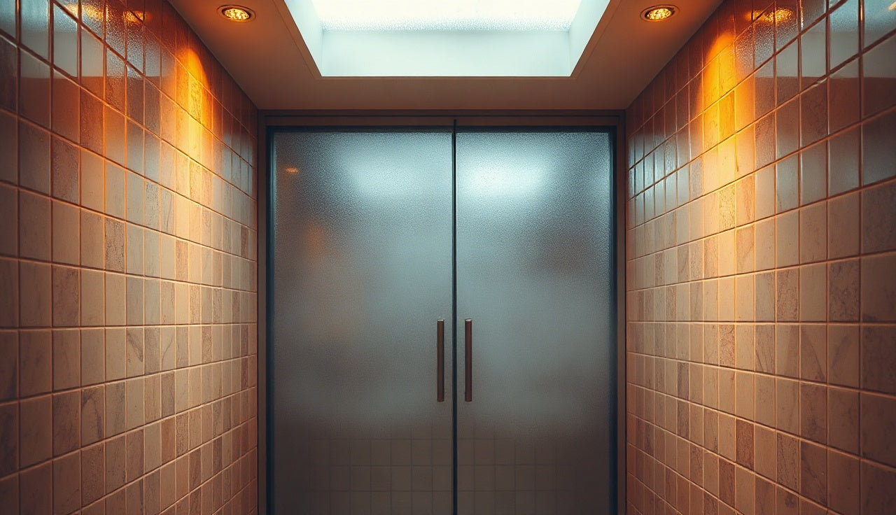 Fogged glass steam-room door closed against a tiled wall