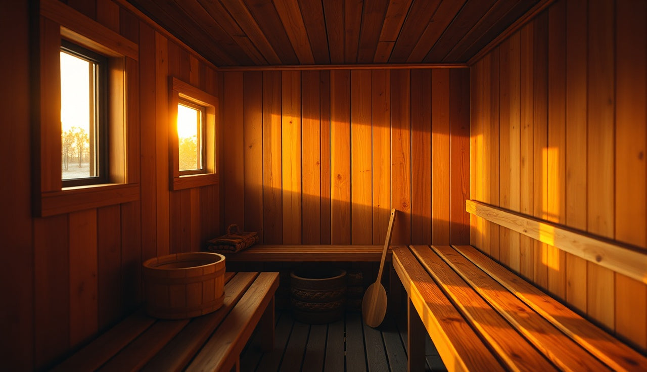 Empty wooden Finnish sauna interior with glowing stone heater and warm amber light