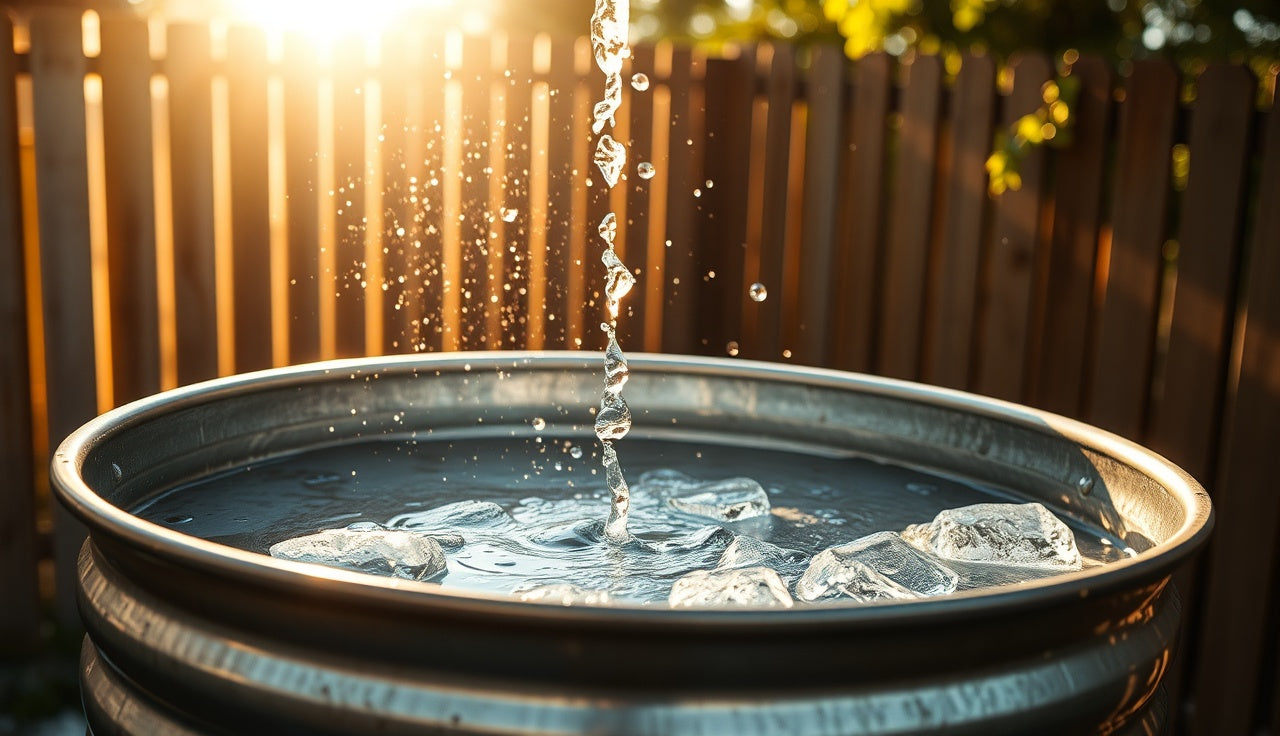 Person entering a galvanized stock tank DIY ice bath in a sunny backyard