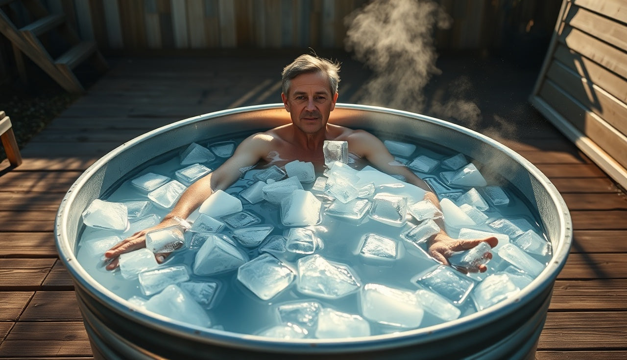 Person sitting in a backyard stock tank ice bath with floating ice cubes