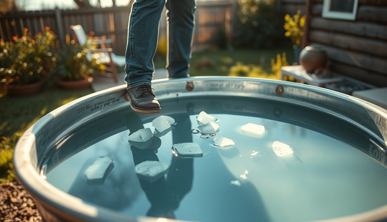 Person lowering into a cold water stock tank with ice in a backyard
