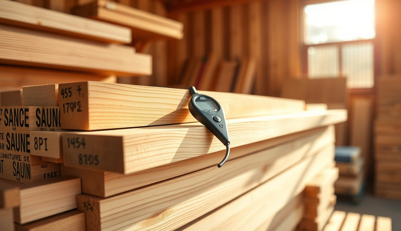 Stacked kiln dried cedar sauna paneling boards with a moisture meter resting on top