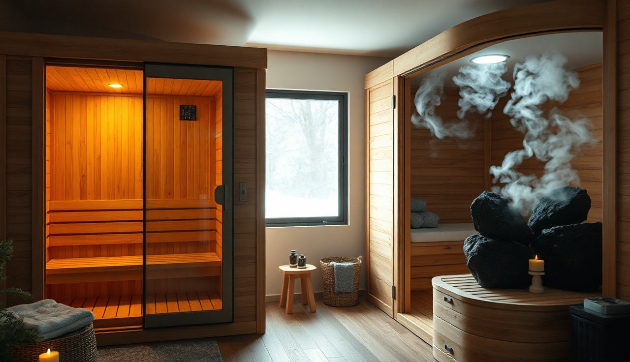 Infrared sauna panel and traditional rock heater side by side in a home sauna room