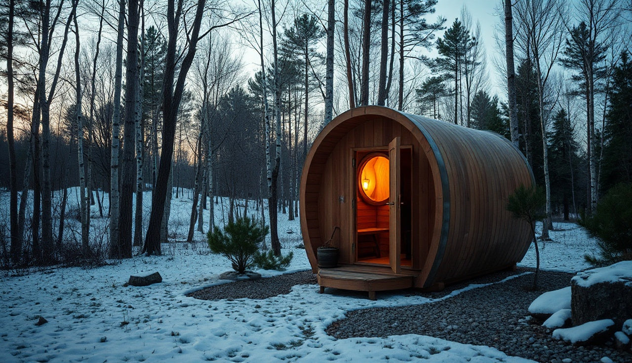 Cedar barrel sauna glowing from inside on a snowy winter evening outdoors