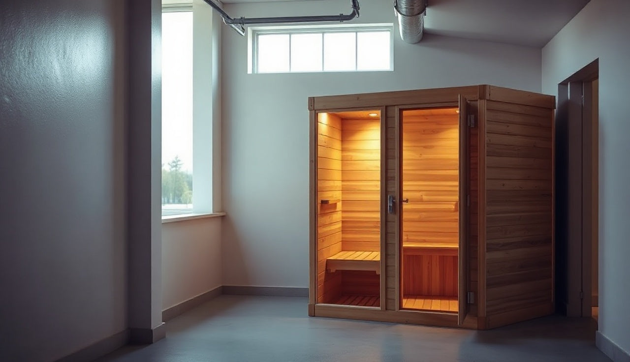 Cedar infrared sauna cabinet with open door in a clean home garage