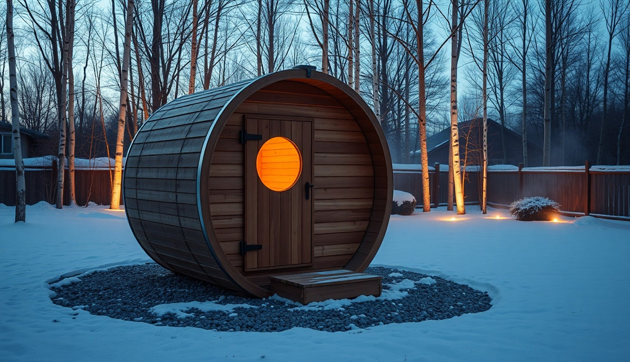 Cedar outdoor barrel sauna on gravel pad in snowy backyard at dusk