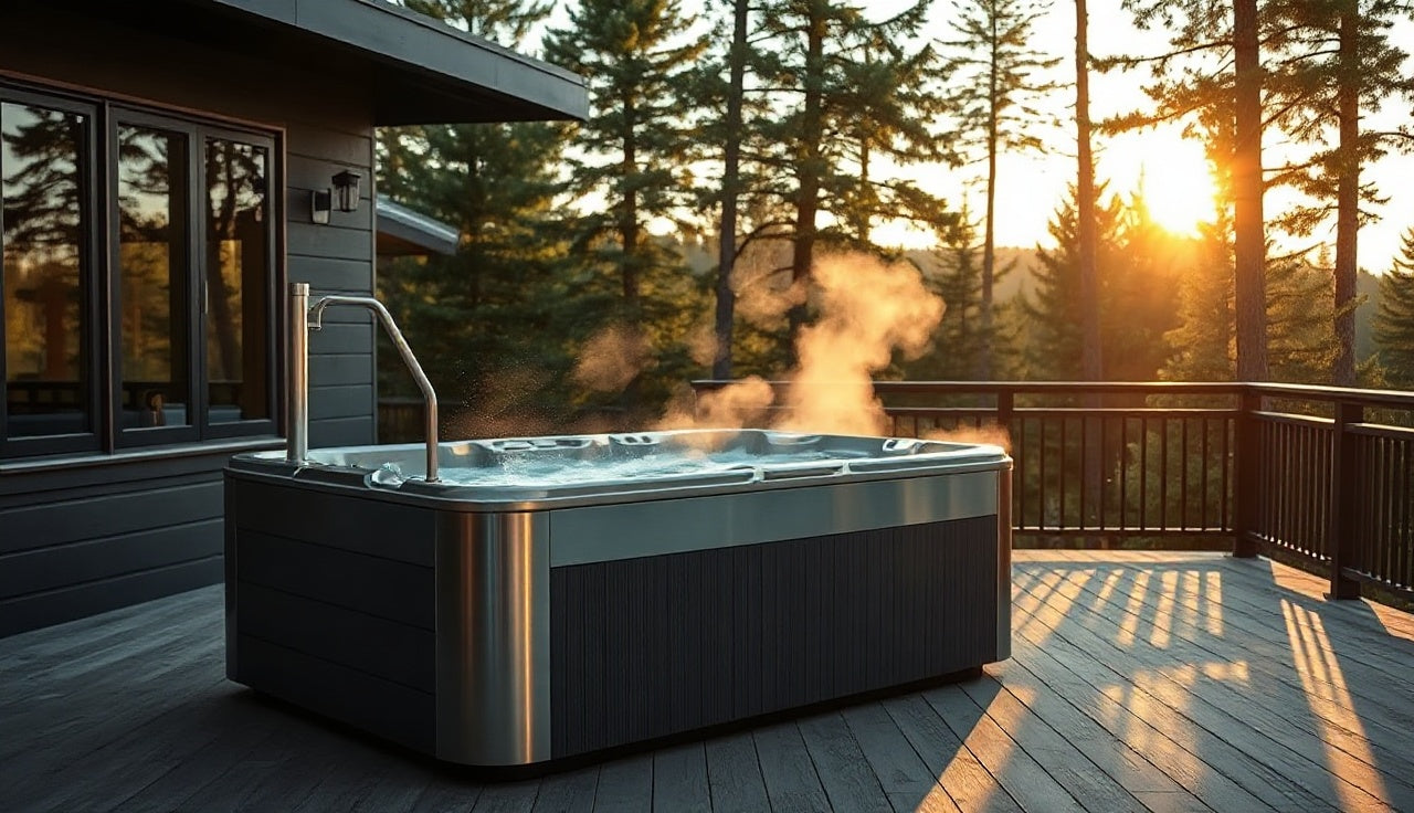 Rectangular cold plunge tub on a wooden deck with evergreen trees in background