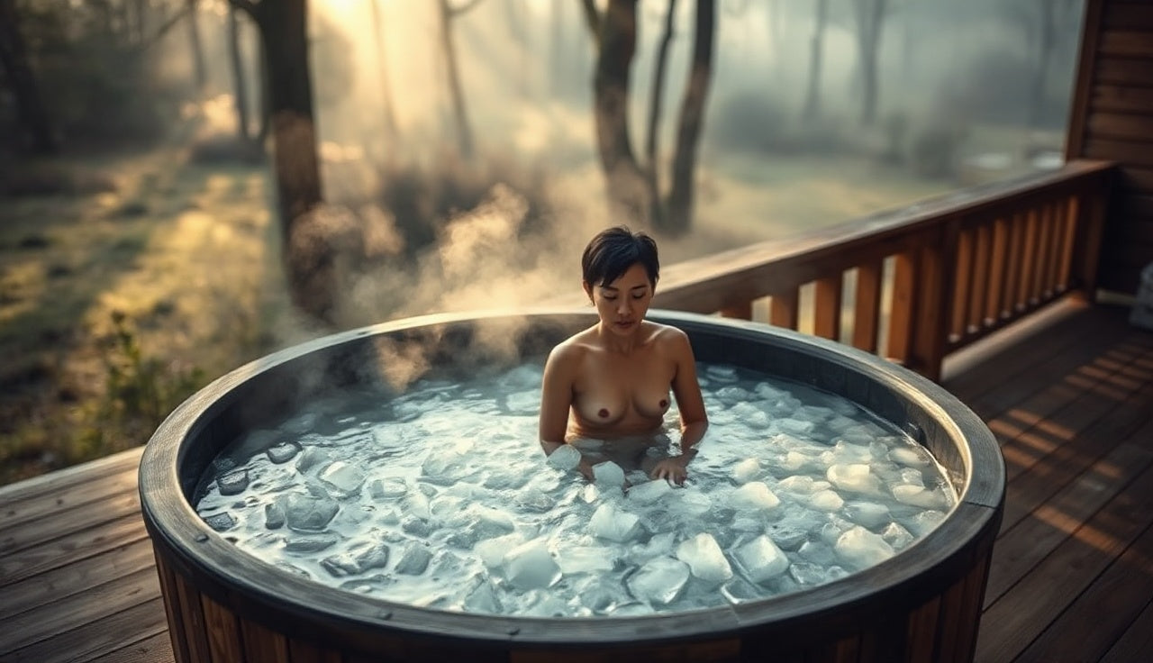 Person entering an ice bath tub filled with cold water and ice cubes outdoors