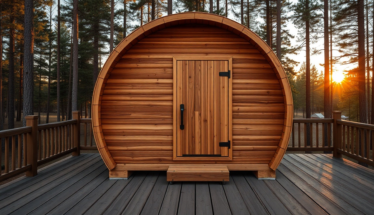 Cedar barrel sauna on a wood deck with pressure treated foundation skids visible underneath