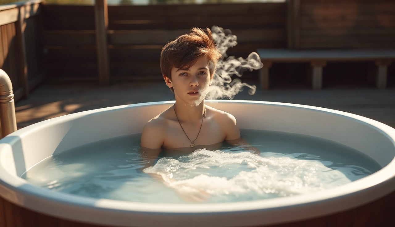Teenager sitting in a cold plunge tub outdoors on a wooden deck