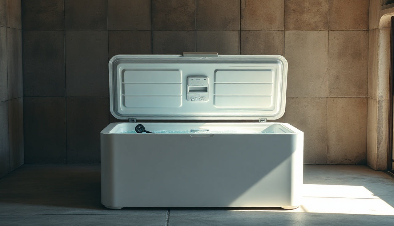 Open chest freezer converted into a cold plunge in a garage with a digital thermometer on the rim