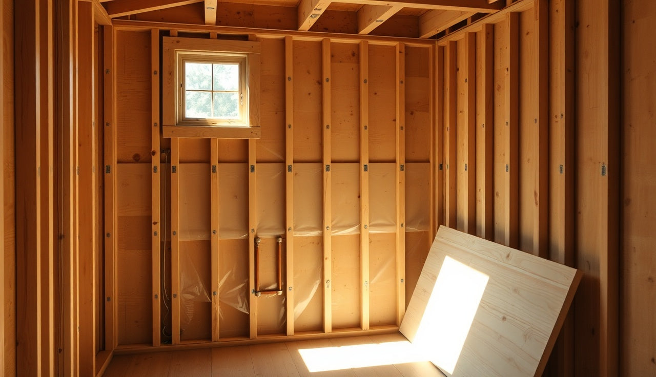 Unfinished sauna wall framing with clear polyethylene vapor barrier stapled to studs