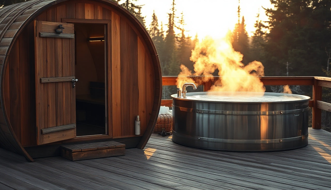 Outdoor barrel sauna and cold plunge tub on a cedar deck at sunset for contrast therapy