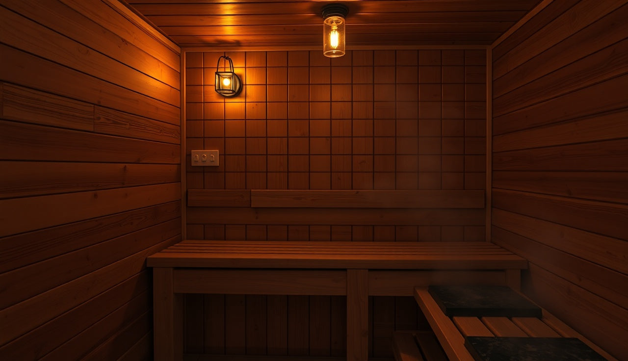 Warm amber sauna light glowing above wooden bench with steam rising from hot stones