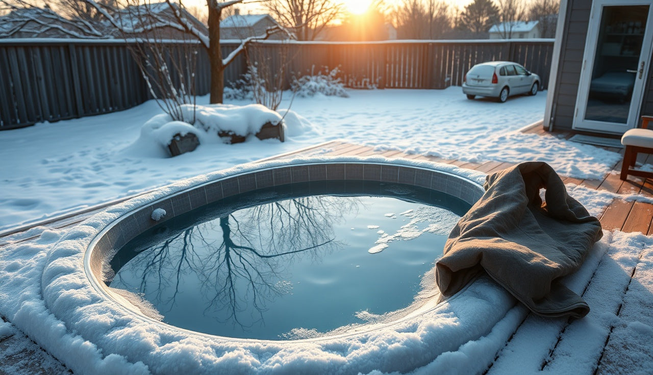 Outdoor cold plunge tub covered in light snow during winter, awaiting proper winterization