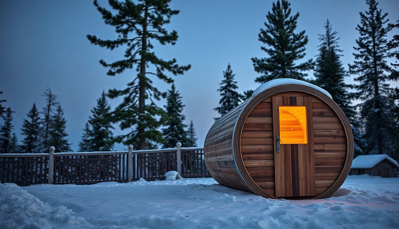 Cedar barrel sauna with glowing window in a snowy backyard at dusk