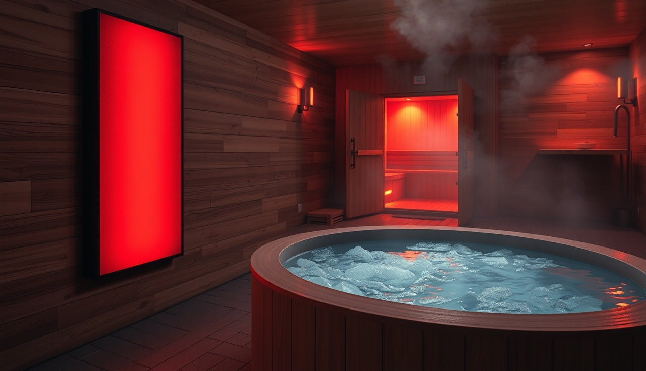 Red light panel beside cold plunge tub with sauna door open in recovery room