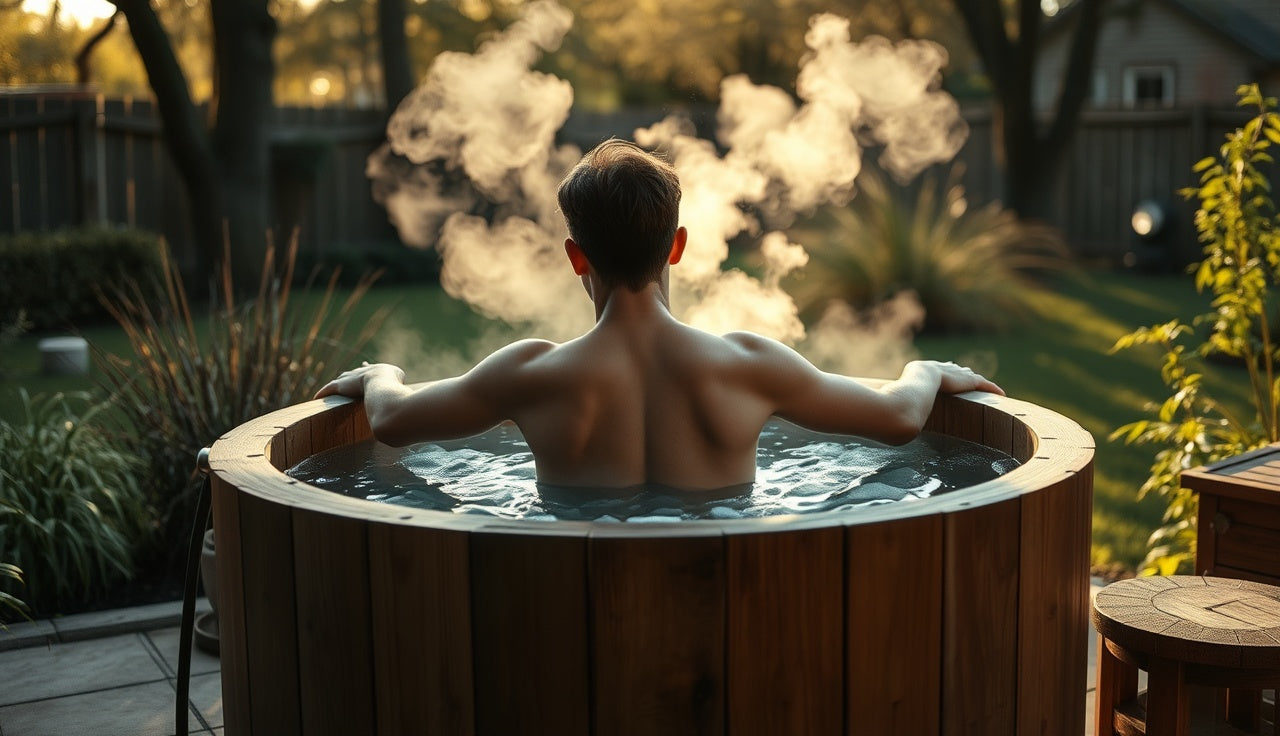 Person immersing in an outdoor ice bath cold plunge tub at dawn