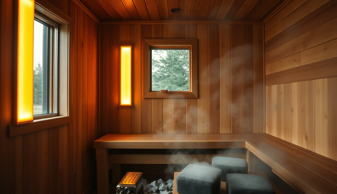 Cedar sauna interior with red near-infrared LED panels mounted on the wall
