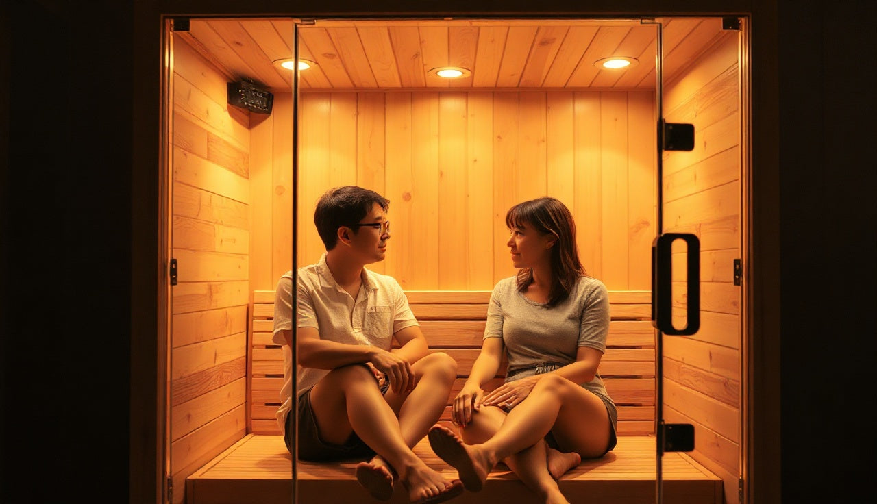 Two people seated inside a full spectrum infrared sauna with warm amber lighting