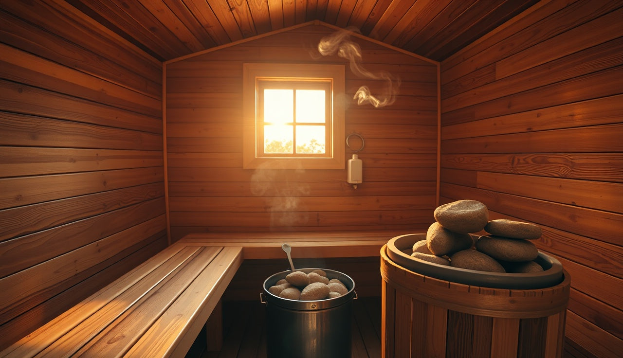 Cedar-lined Finnish sauna interior with hot stones and steam rising from the heater